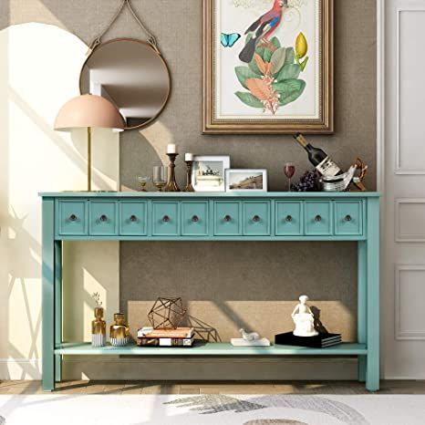 P PURLOVE 60 Inch Console Table SofaTable with 4 Drawers EntrywayTable with Bottom Shelf for Living Room,Bedroom Pink Console, Side Console Table, Long Entryway Table, Blue Console Table, Sofa Table With Drawers, Rustic Entryway Table, Sofa Table With Storage, Side Console, Wood Sofa Table