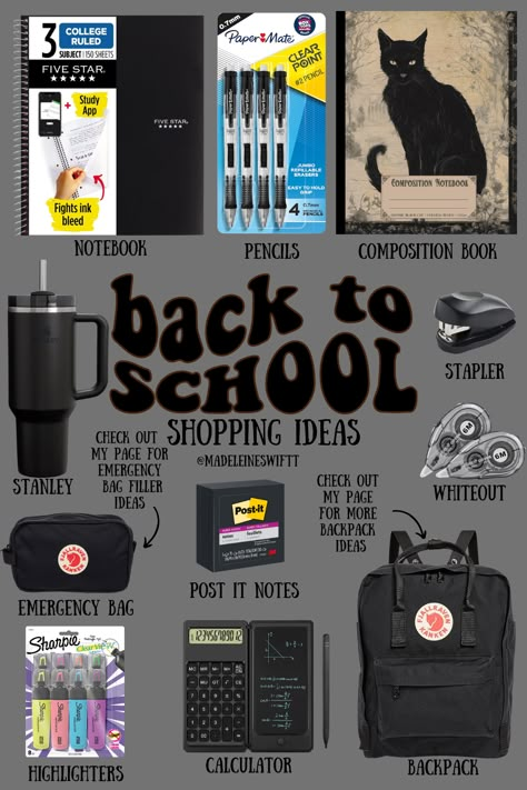 hello my pretties! all items are linked under shop the look <3  black back to school essentials + back to school + college + highschool + middle school + school bag + school + school essentials + back to school 2024 + class of 2025 + black cat + alt + witchy + trending on tiktok + trending + tik tok + viral + what i should pack + first day + what to bring on your first day of middle school + what to bring on your first day of high school Back To School Items Highschool, Blue Back To School Supplies, First Day Of School Bag Essentials, High School Back To School Supplies List, High School Bag Essentials, Back To School Essentials Middle School, College Class Essentials, Whats In My Bag School Edition, Back To School Essentials For Highschool