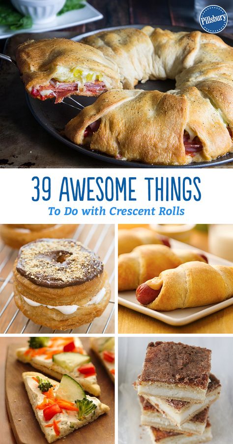 Here's 39 awesome things to do with crescent rolls! It all started with a humble (flaky, buttery, golden) dinner roll. Out of literally hundreds of recipes, we picked 39 of our favorite things to do with always-versatile crescents. Each meal from breakfast to dinner is covered and you're sure to be inspired for your next meal. Challah Bread Dinner Ideas, Breakfast Pick Up Foods, Pillsbury Weiner Wraps Recipes, Crescent Sheet Recipes Dinners, Pillsbury Crescent Roll Recipes Dinners, Breakfast Casserole With Crescent, Breakfast Casserole With Crescent Rolls, Casserole With Crescent Rolls, Pillsbury Biscuits