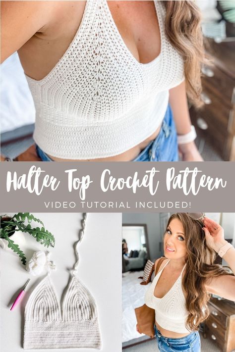 halter top crochet pattern Crochet Halter Top Pattern Free, Crop Tops Crochet, Halter Top Crochet, Crochet Bra Top, Crochet Halter Top Pattern, Halter Top Pattern, Crochet Bra, Crochet Crop Top Pattern, Mode Crochet