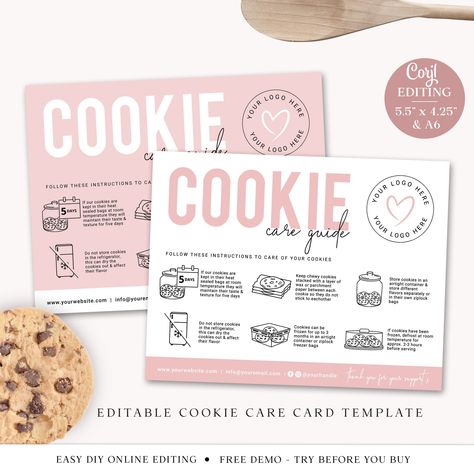 Editable Cookie Care Card, 2 Sizes Printable Best Logo Maker, Cookies Branding, Text Edit, Cookie Business, Care Care, Branding Template, Cookie Packaging, Logo Diy, Storing Cookies