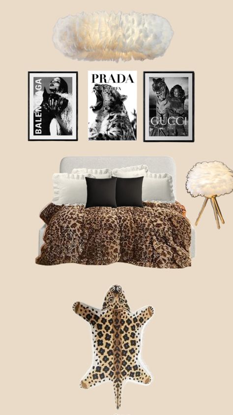 Cheetah Print Accent Wall, Leopard Rug Bedroom, Cheetah Print Bedroom Aesthetic, Black And Cheetah Bedroom, Cheetah Print Room Aesthetic, Tan Room Aesthetic, Leopard Print Room Ideas, Cheetah Print Room Decor, Post Grad Bedroom