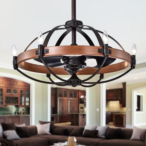 Gredis Black 30-inch 6-light Lighted Ceiling Fan Fandelier with Faux-Wood Hoop (includes Remote and Light Kit) - Brown, Warehouse of Tiffany Lodges Design, Fan Chandelier, Modern Lodge, Modern Contemporary Style, Cool Floor Lamps, Ceiling Fan Chandelier, Ceiling Fan With Remote, Accessories Store, Ceiling Fans