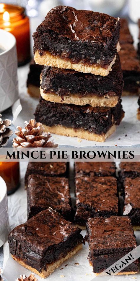 These incredible vegan mince pie brownies combine two delicious desserts to make a rich, festive, indulgent treat. With a shortbread base, layer of fruity mincemeat and fudgy chocolate brownie on top, these are the ultimate dessert for Christmas! Vegan Mince Pies, Dessert For Christmas, Pie Brownies, Best Vegan Desserts, Mince Pie, Vegan Cake Recipes, Buttery Biscuits, Vegan Christmas, Mince Pies