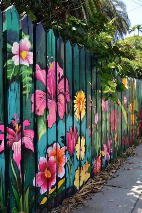 Paint Fence Ideas Backyards, Outside Wall Paint, Colorful Fence, Landscape Backyard Ideas, Fence Mural Ideas, Fence Board Crafts, Barn Mural, Fence Garden Ideas, Paint Fence