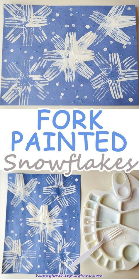 FORK PAINTED SNOWFLAKES – HAPPY TODDLER PLAYTIME Painted Snowflakes, Winter Activities Preschool, January Crafts, Snowflake Craft, Winter Art Projects, Winter Activities For Kids, Hair Boutique, Winter Preschool, Wedding Clothing