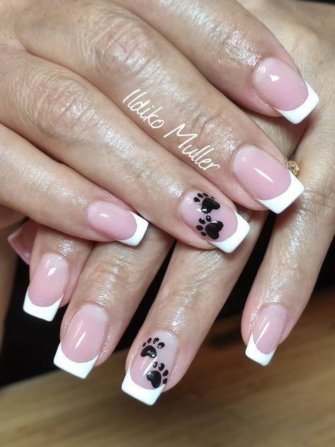 Puppy Print Nails, French Tip Nails With Paw Prints, Dog Memorial Nails, Paw Print Nails Dog, Nails Paw Prints, Dog Print Nails, Dog Acrylic Nails, Dog Inspired Nails, Dog Themed Nails