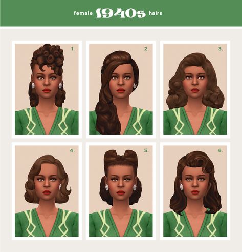 FEMALE CC HAIRS - 1940s Another massive round up of CC hair, this time for the 1940s! CC links after the cut. You can find more of my female hair collections here: 1920s  ✺  1930s  ✺  1950s  ✺... 1930 Hair, 1940 Hair, 1920 Hair, 1960 Hair, 1930s Hair, Sims 4 Decades Challenge, 1940s Looks, 1950s Hairstyles, 50s Hairstyles