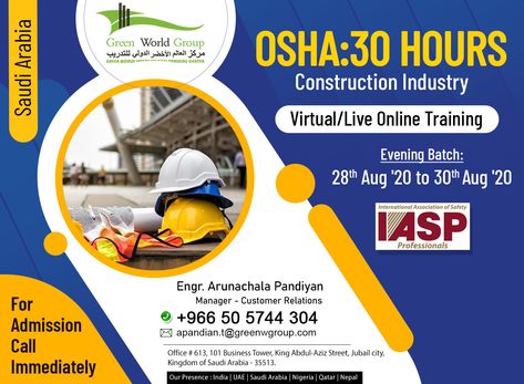 Stay Safe prepare Online Safety Course...OSHA 30-Hour Construction Industry Training in Saudi Arabia is a great process for educating construction employees and supervisors about OSHA safety standards. Next Evening Batch starts from 28th Aug'20 to 30th Aug'20. King Abdul Aziz, Building Development, Worker Safety, Safety Courses, Safety Training, Online Safety, Construction Industry, Online Training, Stay Safe