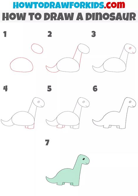 How to Draw a Dinosaur Step by Step - Drawing Tutorial For Kids Simple Dinosaur Drawing Step By Step, Dinosaur Tutorial, Long Neck Dinosaur Drawing, Easy Dinosaur Drawing Step By Step, How To Draw A Dinosaur Step By Step, How To Draw A Dinosaur, Easy Dinosaur Drawing, Dino Drawing, Easy Art For Kids