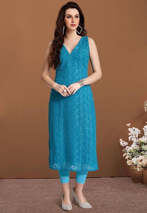 V Neck Kurti Design, Sleeveless Kurti Designs, Sleeveless Kurti, Indian Dress Up, Cyan Color, Sleeveless Kurta, Chikankari Work, Stylish Kurtis Design, Chikankari Embroidery