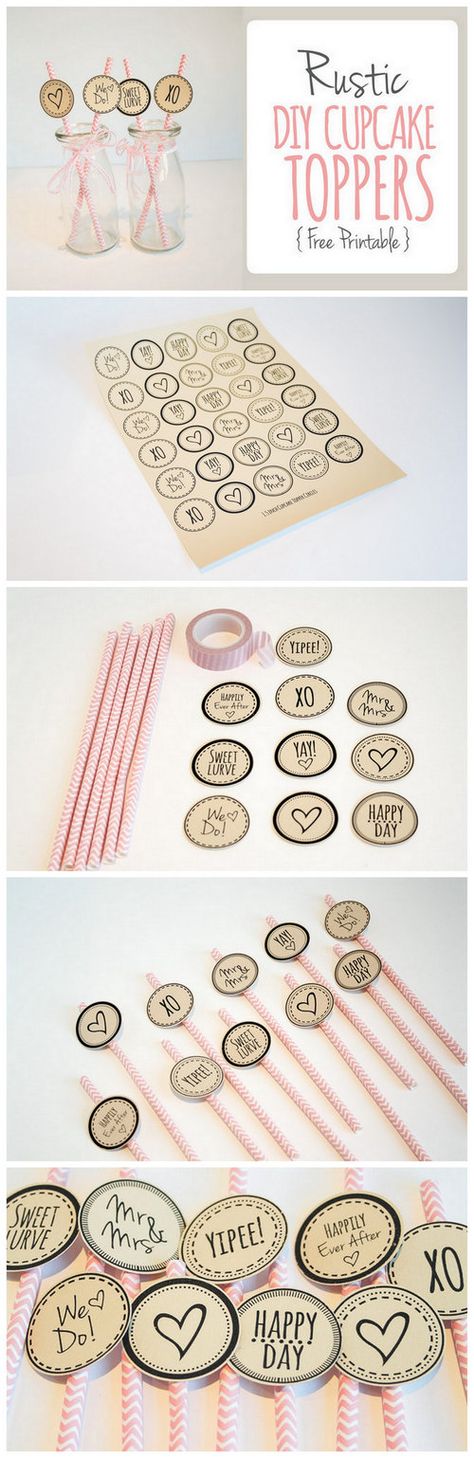 Add a sweet touch your wedding cupcakes or dessert bar snacks with today’s free printable download: darling cupcake topper printables. With ten cute designs and phrases, they can also add a touch of fun to paper straws or cocktail stirrers and swizzle sticks. Print at home on your fave cardstock, cut by hand or using a 1.5 inch circle punch, attach to toothpicks . Click to download these cute and Free Cupcake Topper Printable: http://www.confettidaydreams.com/cupcake-topper-stirrer-printable/ Wedding Dessert Cupcakes, Diy Wedding Cupcakes, Diy Wedding Desserts, Diy Wedding Cake Topper, Bridal Shower Cupcake Toppers, Diy Cupcake Toppers, Cupcake Toppers Free, Cocktail Stirrers, Diy Cupcake