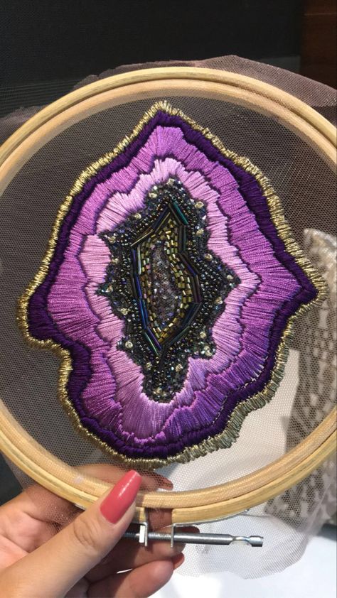 Agate Embroidery, Geode Embroidery, Rock Embroidery, Embroidered Crystals, Couching Stitch, Stone Embroidery, Fiber Art Jewelry, Abstract Embroidery, Textile Art Embroidery