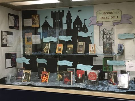 Library display YA fairytale retelling books based on a fairytale Once Upon A Time Library Displays, Fantasy Book Display Library, Fantasy Book Display, Fairytale Display, Fairytale Library, Fairytale Retelling Books, School Library Decor, Bookstore Design, School Library Displays