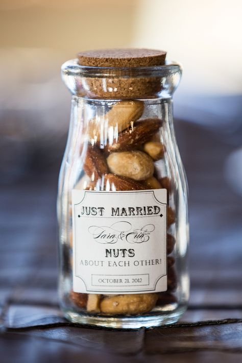 The couple sent guests home with small corked apothecary jars filled with mixed nuts. Summer Wedding Favors, Wedding Favor Table, Savoury Snacks, Creative Wedding Favors, Inexpensive Wedding Favors, Wedding Favors And Gifts, Edible Favors, Cheap Favors, Edible Wedding Favors