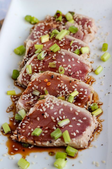 Seared Tuna with an Asian Marinade Seared Tuna Recipe, Marinated Tuna Steak, Asian Marinade, Tuna Steak Recipes, Tuna Steak, Recipes Asian, Seared Tuna, Fresh Tuna, Tuna Steaks