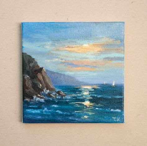 Acrylic Sky Painting, Sea Landscape, Small Canvas Paintings, Canvas For Beginners, Art Miniature, Acrylic Landscape, Landscape Mountains, Sky Painting, Small Canvas Art