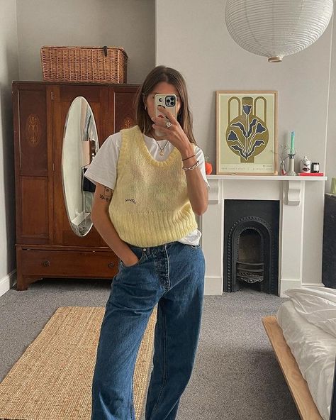 Instagram Yellow Vest, October 23, The Vibe, Tan Lines, Wet Hair, Women's Vest, Womens Vest, Warm Weather, Bell Bottom Jeans