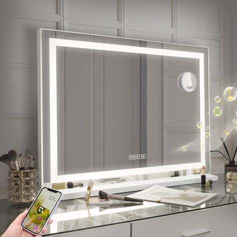 Ivy Bronx Assis Rectangle LED Metal Mirror | Wayfair.co.uk Light Up Mirror Vanity, Bluetooth Vanity Mirror, Hollywood Mirror With Lights, Makeup Vanity Mirror With Lights, Vanity Mirror With Lights, Classy Bedroom, Hollywood Mirror, Makeup Vanity Mirror, Desk Mirror