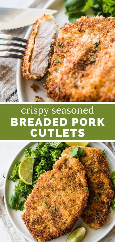 These breaded pork cutlets are made with crispy seasoned panko breadcrumbs on the outside and juicy tender pork on the inside. Ready in only 30 minutes, this quick and easy dish is a dinnertime favorite! #breadedporkcutlets #pork Breaded Pork Cutlets, Panko Recipes, Mexican Pork Recipes, Pork Cutlet Recipes, Cutlet Recipes, Mexico Recipes, Isabel Eats, Main Recipes, Meat Cooking