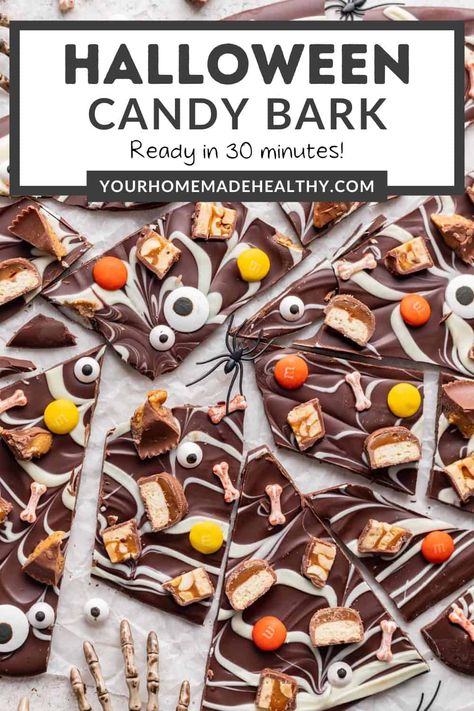 Turn Halloween candy into festive Halloween Candy Bark! With just a few simple ingredients and about 30 minutes of prep time, you can make this easy Halloween recipe for all of your celebrations this fall. Halloween Candy Chocolate Bark, Baking With Halloween Candy, Halloween Candy Homemade, Homemade Halloween Candy Recipes, Halloween Party Mix Recipes, Halloween Bark Candy, Halloween Candy Bark Recipes, Homemade Halloween Candy, Halloween Chocolate Bark