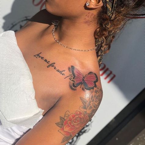 Shoulder Tat Women, Love Yourself Tattoos For Black Women, Cute First Tattoos For Women, Tats Black Woman, Shoulder Tattoo Black Woman, Shoulder Tats Black Women, Should Tattoos For Women, Shoulder Arm Tattoos For Women, Woman’s Back Tattoo