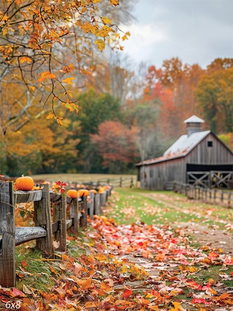 Rustic Autumn Barn Photography Backdrop - Photography backdrop featuring a rustic barn with a wooden fence lined with pumpkins Fall Leaves Photos, Mood Board Photography, Autumn Scenes Country Life, Barn Pictures Ideas, Autumn Scenery Landscape, Fall Backdrops For Pictures, Autumn Potpourri, Fall Wedding Leaves, Fall Homestead