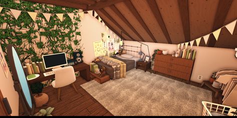 teen bedroom bloxburg roblox attic aesthetic bedroom Bloxburg Attic Bedroom, Bloxburg Attic, Bloxburg Rug, Farmhouse Idea, Bedroom Attic, Gender Neutral Bedrooms, Bloxburg Houses, Decals Codes, Bloxburg Decals Codes