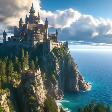 Seaside Kingdom Fantasy Art, Fantasy Castle By The Sea, Seaside Castle Fantasy Art, Island Castle Fantasy Art, Seaside Castle, Castle By The Sea, Palace Aesthetic, Medieval Series, Island Castle