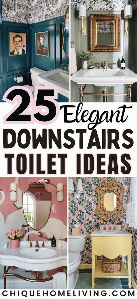 Transform your downstairs toilet into a haven of elegance with our curated collection of 25 Elegant Downstairs Toilet Ideas. From chic wallpaper to luxurious fixtures, discover ways to elevate your powder room's style. Whether you prefer modern minimalism or classic charm, these ideas promise to add a touch of sophistication to your lower-level space. Pin your favorites and embark on a journey to create a downstairs toilet that speaks volumes in elegance. Small Toilet Room Ideas Wallpaper, Downstairs Cloakroom Ideas Decor, Wallpaper For Bathrooms Small Spaces, Victorian Style Powder Room, Statement Small Bathroom, Beautiful Toilet Room, Toilet Design Wallpaper, Small Toilet Wallpaper Ideas, Understairs Toilet Decor Ideas