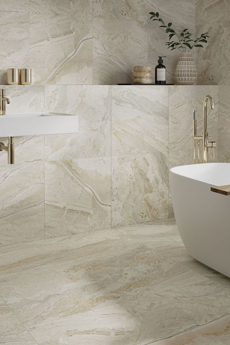 Create a warm and inviting interior with these marble look coordinating tiles. With strong veining and a matt finish, these porcelain tiles have the look and feel of natural stone without the hassle. Also available in Earthsong Natural 600x600, 300x600mm and mosaic 300x300mm. Bathroom Tile Color Schemes, Natural Stone Tile Bathroom, Stone Tile Bathroom, Colorful Bathroom Tile, Bathroom Wall Tiles, Coastal Flooring, Natural Bathroom, Flooring Tiles, Floor Tile Design