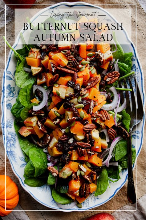 Enjoy an autumn blend of roasted butternut squash, crisp apples, and a medley of fresh greens with this delightful Butternut Squash Salad. Enhanced with a sprinkle of crunchy pecans, pumpkin seeds, and raisins, this dish offers a perfect balance of flavors and textures. Autumn Salad Ideas, Butternut Squash Spinach Salad, Squash Salad Recipes, Salad Butternut Squash, Acorn Squash Salad, Autumn Salads, Roasted Squash Salad, Butternut Squash Salad Recipes, Butternut Salad