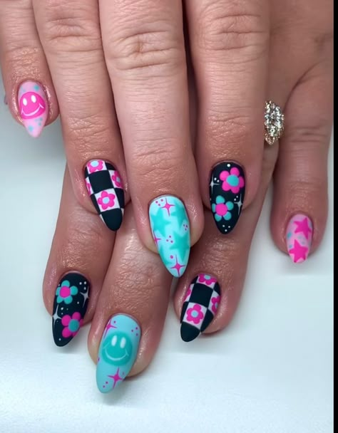 Granny Square Nails, Funky Nail Designs Acrylics, Groovy Nails Acrylic, Outer Space Nails, Spooky Cricut, Bright Fun Nails, Video Game Nails, Lisa Frank Nails, Groovy Nail Art