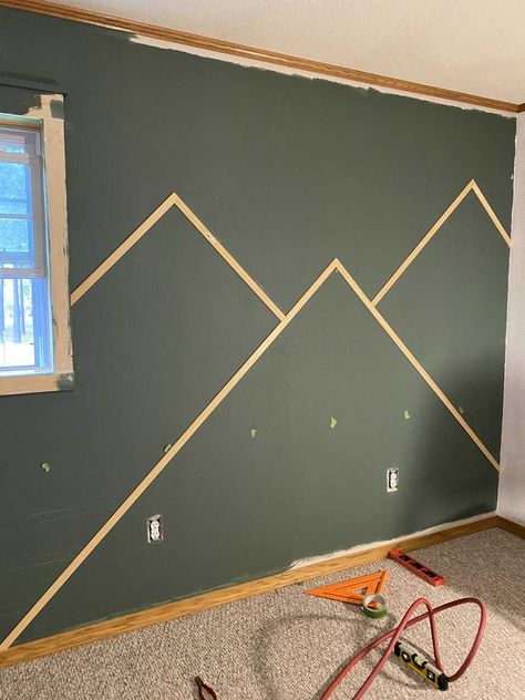 Easy Diy Accent Wall Paint Bedroom, Triangle Accent Wall Bedroom, Mountain Wall Bedroom, Green And Black Accent Wall, How To Make A Geometric Accent Wall, Board And Batten Mountain Wall, Accent Wall With Painters Tape Patterns, Mountain Trim Accent Wall, Mountain Board And Batten Wall