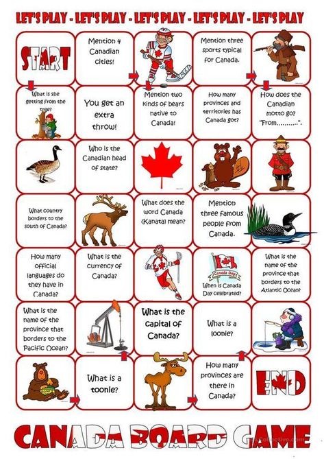 Here's a fun ESL board game about Canada. Students answer questions, describe the pictures, or give the English word for the thing/activity in the picture. Canada Day Games For Kids, Canada Worksheet, Canada Day Games, Esl Board Games, Canada For Kids, Canadian Social Studies, Canada Day Crafts, Canada Project, Canada Day Party