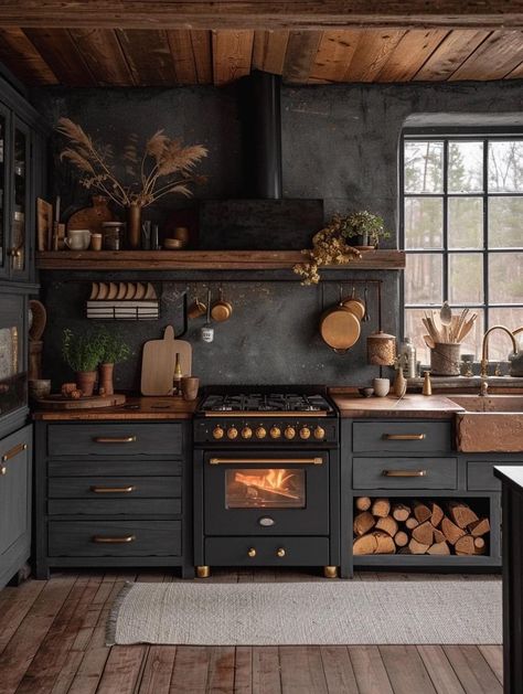 Black Kitchen Inspiration, Dark Academia Kitchen, Dark Academia Interior, Black Kitchen Design, Dark Boho, Art For Beginners, Dark Kitchen, Bedroom Bliss, Rustic Kitchen Design