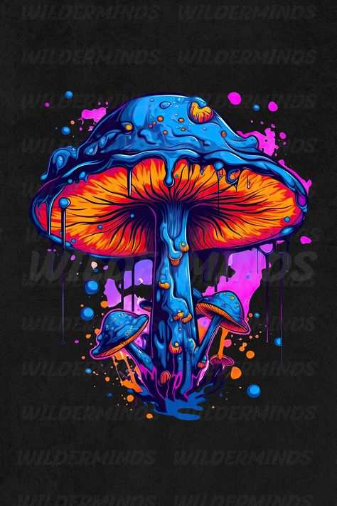 vibrant mushroom design made on a transparent background with blue and purple colors. In in a cartoonish style and a hint of graffiti style and dripping paint. Very vibrant and colorful design that can be used for printing on various products. Physcadelic Mushrooms, Trippy Forest Tattoo, Mushroom Psychedelique Art, Mushroom Tripping Art, Trippy Mushroom Drawing, Trippy Art Ideas, Trippy Graphic Design, Colorful Mushroom Art, Trippy Mushroom Art