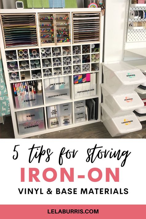 safely store and organize htv iron on vinyl Craft Room Organization Sublimation, How To Store Vinyl Sheets, Vinyl Organization Ideas Diy, How To Organize Vinyl Rolls, Craft Room Vinyl Storage, Dtf Transfer Storage Ideas, Htv Vinyl Storage Ideas, How To Store Vinyl Rolls, Vinyl Scraps Storage Ideas