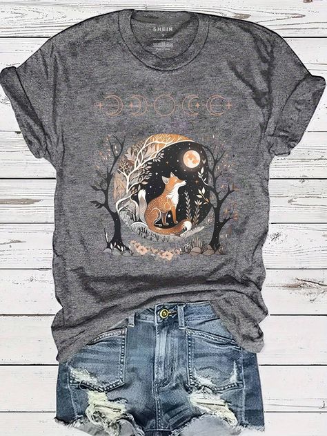 SHEIN LUNE Fox Graphic Print T-Shirt | SHEIN USA Fox Graphic, Animal Graphic, Fabric Animals, Casual Clothes, Women T Shirts, Fantasy Fashion, Graphic Tees Women, Print T Shirts, Fashion Online Shop