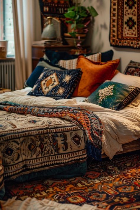 Creating a unique bedroom space that reflects your personality can transform your home into a sanctuary of creativity and comfort. Eclectic designs offer a Bedroom Maximalist, Eclectic Bedroom Ideas, Eclectic Bedding, Eclectic Bedrooms, Eclectic Bedroom Design, Oversized Pendant Light, Cozy Eclectic, Old Bed Frames, Maximalist Aesthetic