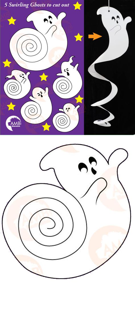 Swirling Ghosts to cut out. Halloween Paper Craft Diy Printable Spinning Ghost Template, Ghost Craft Kindergarten, Paper Ghost Craft, Halloween Sablon, Halloween Paper Crafts Diy, Paper Ghosts, Paper Halloween Decorations, Ghost Printable, Halloween Cut Outs