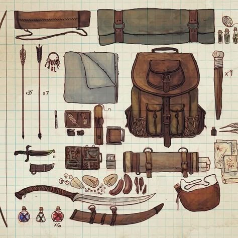 Dnd Backpack Inventory, Dnd Illustration, Desain Buklet, D D Items, Fantasy Props, Prop Design, 판타지 아트, Fantasy Clothing, Dnd Characters