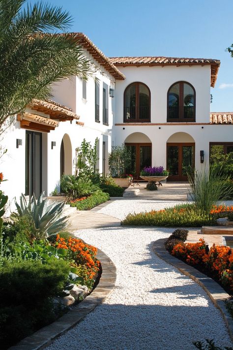 Spanish vila courtyard. View enchanting Spanish villas transform a dream home into a Mediterranean oasis with authentic architectural details and vibrant decor. Modern Spanish Home Exterior Mediterranean Design, Spanish Villa Entrance, Spanish House Entrance, Spanish Mediterranean Exterior, Spanish European Home, Spanish Revival Home Exterior, Spain House Spanish Style, Spanish Exterior Homes, Spanish Courtyard Ideas