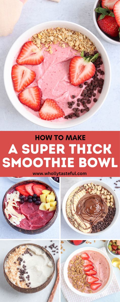 Learn how to make a thick and creamy smoothie bowl that's perfect as healthy breakfast, snack or desserts. All the helpful tips and tricks, from using only frozen ingredients to best blenders for smoothie bowls. Super Thick Smoothie Bowl, Homemade Smoothie Bowl, Thick Smoothie Bowl, Smoothie Bowls Recipe, Acai Bowl Recipe Easy, Smoothie Bowls Recipe Easy, Thick Smoothie, Acai Bowl Recipe, Bowl Recipes Easy