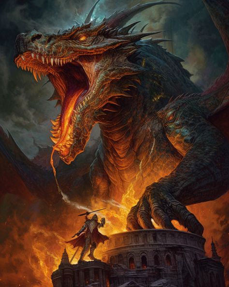 This fantasy AI artwork shows a brave hero against a fire-breathing dragon. It is generated using Midjourney. Dragon Pics, Dragon Medieval, Dragon Wallpaper, Breathing Fire, Mythical Monsters, Dragon Artwork Fantasy, Fire Breathing Dragon, Fantasy Life, Dragon Scales