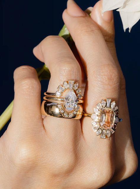 Shapes Of Engagement Rings, Ballerina Engagement Ring, Marrow Fine, Ballerina Design, Art Deco Band, Ballerina Ring, Stackable Engagement Ring, Peach Sapphire, Unique Wedding Bands