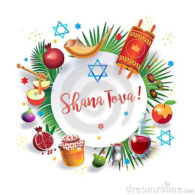 Happy Rosh Hashanah greeting card - Jewish New Year. Text `Shana Tova!` on Hebrew - Have a sweet year. Honey and apple, shofar, pomegranate, Torah scroll, palm tropical leaves frame, wood background, trendy banner. Rosh hashana, sukkot, sukkah, Jewish Holiday Israel Jerusalem festival, autumn, harvest, Judaic traditional symbols, sweet food Icons Doodle, Rosh Hashanah Greetings, Backgrounds Illustration, Happy Rosh Hashanah, Rosh Hashanah Cards, Torah Scroll, New Year Text, Apple Vector, Holiday Symbols