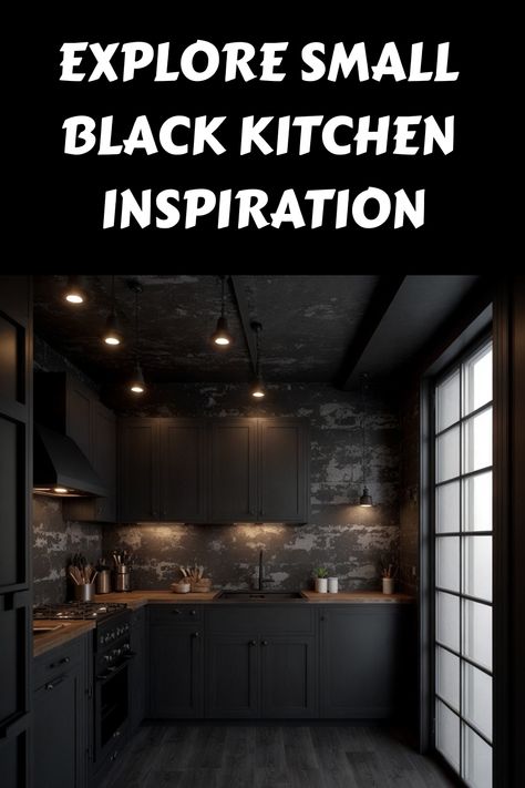 Explore small black kitchen inspiration. Black Cabinets Galley Kitchen, Small Kitchen With Black Cabinets, Small Black Kitchen Ideas, Black Kitchen With Wood, Black Cupboards Kitchen, Black Small Kitchen, Small Kitchen Colors Schemes, Black Kitchen Paint, Small Black Kitchen