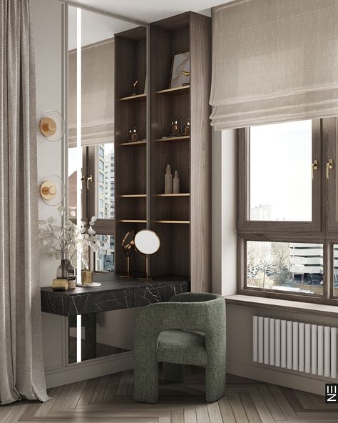 Vanity Area In Bedroom, Dressing Table Unit, Dressing Mirror Designs, Scandi Interior Design, Dressing Room Mirror, Contemporary Dresser, Built In Shelves Living Room, Minimalist Bed, Dresser Design