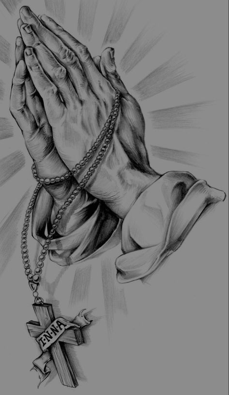 Praying Hands With Rosary Tattoo, Roman Catholic Tattoos, Praying Hands Drawing, Roman Drawings, Praying Hands With Rosary, Crucifix Tattoo, Praying Hands Tattoo Design, Leg Sleeve Tattoos, Catholic Tattoos